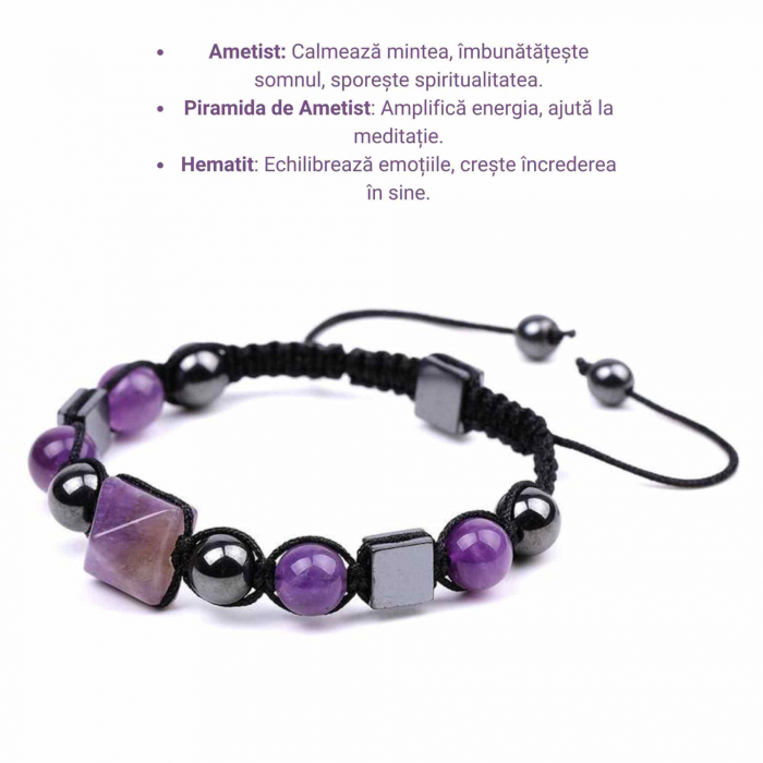 Bratara Ajustabila Impletita cu Margele din Ametist si Hematit de 8mm cu Piramida de Ametist - Cadou Special [2]