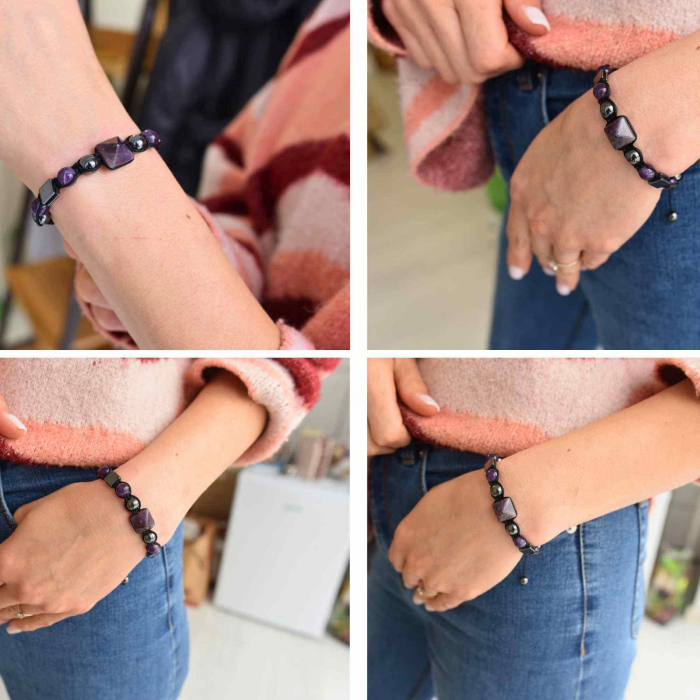 Bratara Ajustabila Impletita cu Margele din Ametist si Hematit de 8mm cu Piramida de Ametist - Cadou Special [4]