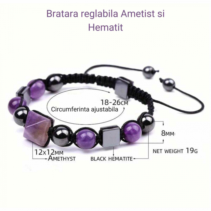 Bratara Ajustabila Impletita cu Margele din Ametist si Hematit de 8mm cu Piramida de Ametist - Cadou Special [3]