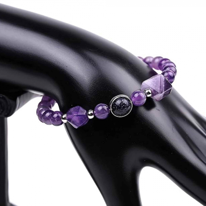 Bratara Elastica cu margele Ametist de 6mm si Farmecul Sistemului Solar - Bratara Handmade  pentru Femei [4]