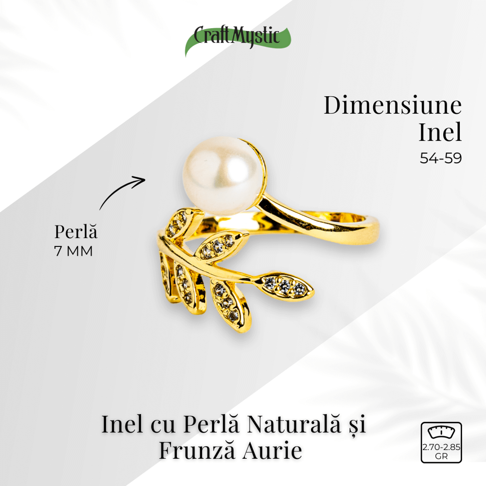 Inel cu perla naturala si frunza aurie – Eleganta care infloreste [4]