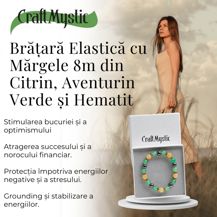 Bratara Elastica Energetizanta cu Margele 8mm din Citrin, Aventurin Verde si Hematit - Harmonie si Echilibru [4]