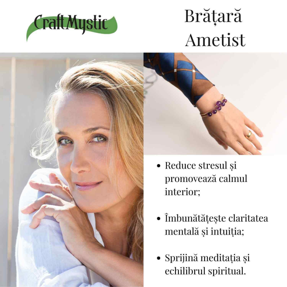 Bratara dubla metalica aurie cu ametist natural pentru calm si claritate mentala [3]