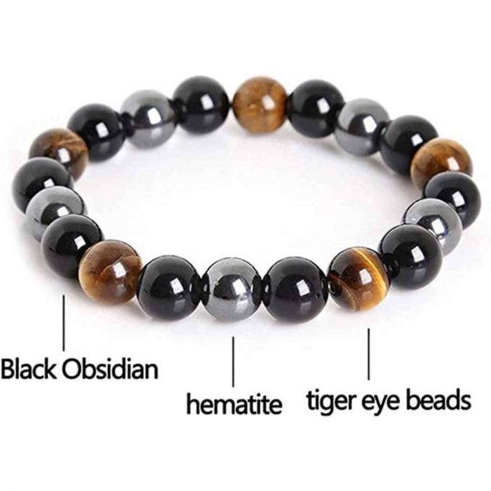 Bratara cu tripla protectie din obsidian negru, ochi de tigru si hematit 10 mm - Bratara feng shui pentru protectie, noroc si prosperitate [4]