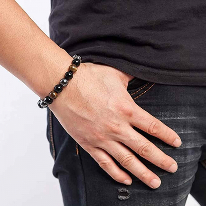 Bratara cu tripla protectie din obsidian negru, ochi de tigru si hematit 10 mm - Bratara feng shui pentru protectie, noroc si prosperitate [2]