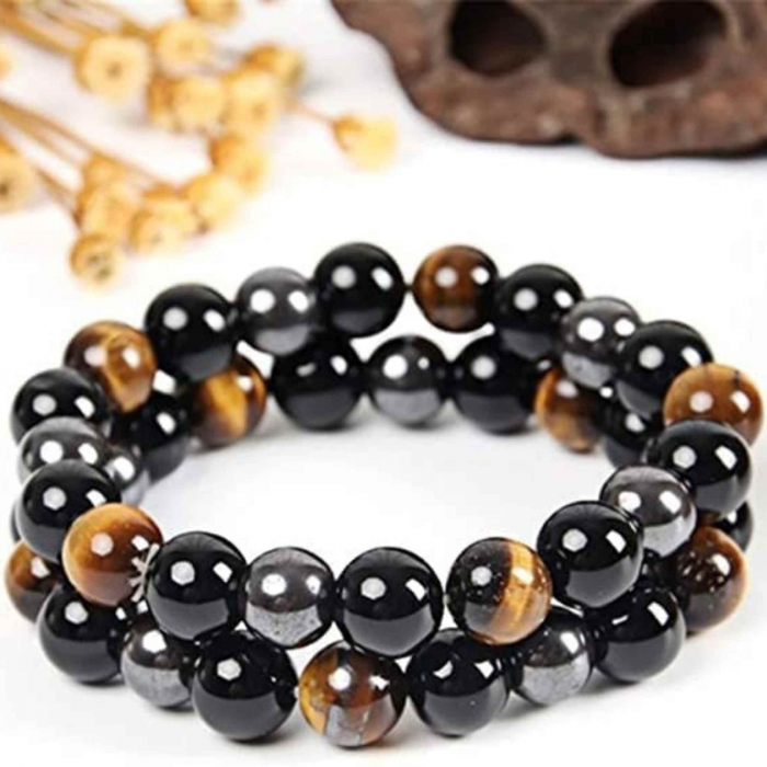 Bratara cu tripla protectie din obsidian negru, ochi de tigru si hematit 10 mm - Bratara feng shui pentru protectie, noroc si prosperitate [5]