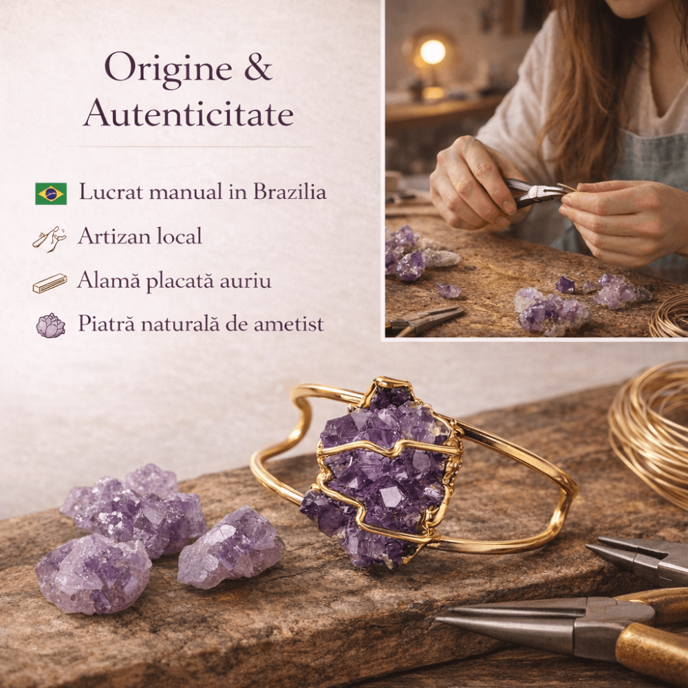 Bratara cu Ametist Natural din Brazilia | Alama Placata Auriu | CraftMystic [3]