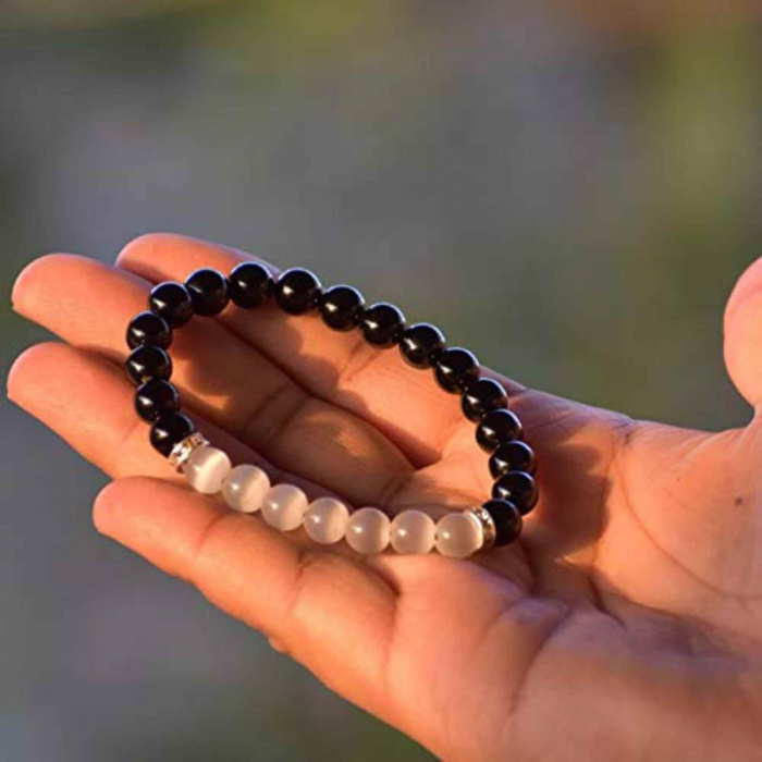 Bratara cu margele 8mm din cristale naturale Obsidian negru si selenit pentru dragoste [2]