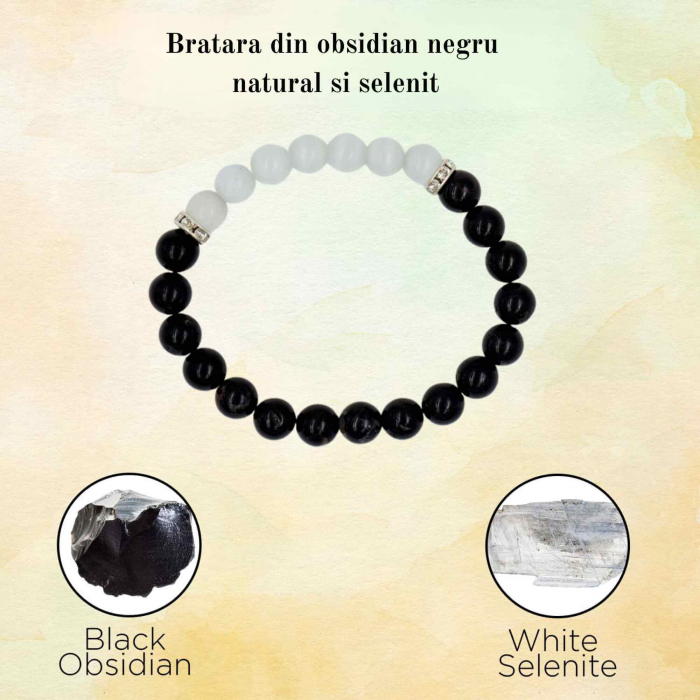 Bratara cu margele 8mm din cristale naturale Obsidian negru si selenit pentru dragoste [5]