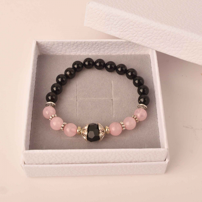 Bratara de vindecare realizata manual cu margele 8mm din cristale semipretioase de onix negru, cuart roz si agat negru [4]
