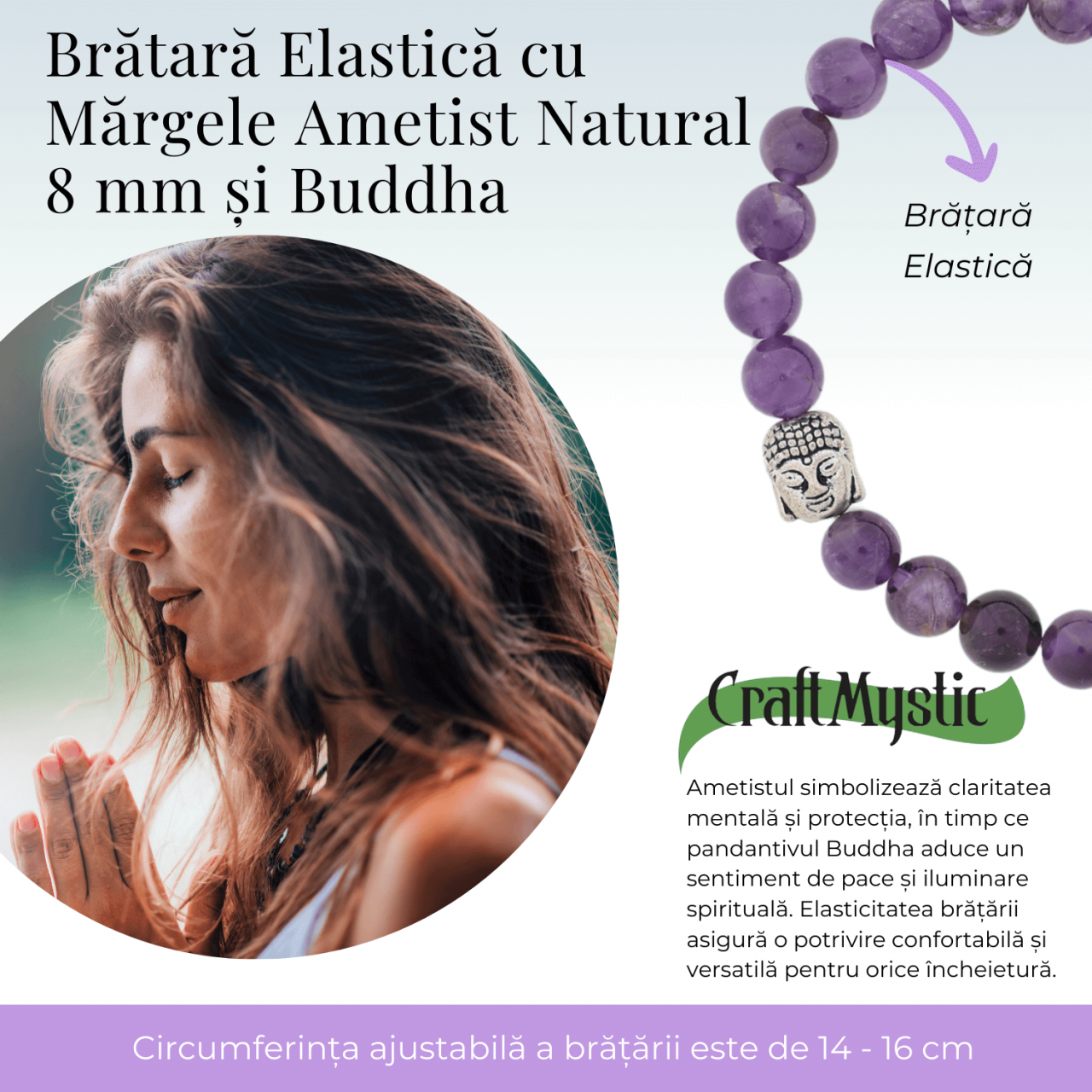 Bratara Reiki Ametist Natural 8mm cu Accesoriu Buddha [8]