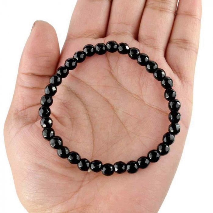 Bratara elastica cu margele de onix negru stralucitor natural de 6 mm - Adevar + Forta - Bratara unisex cu margele neagra de inalta calitate pentru barbati si femei - Dimensiune reglabila [2]