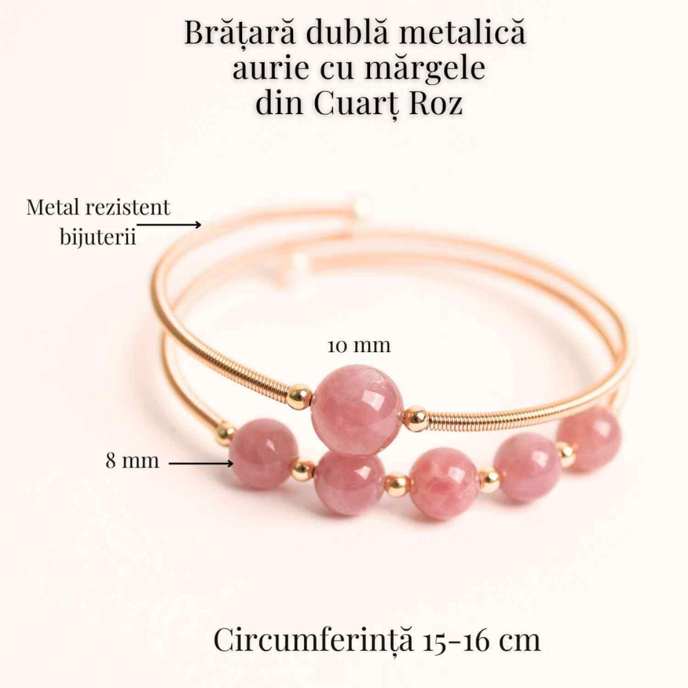 Bratara dubla metalica aurie si Cuart Roz natural pentru calm si claritate mentala [4]