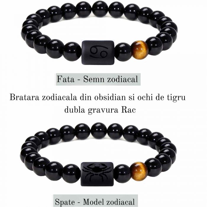 Bratara din pietre naturale 8mm Obsidian si Ochi de Tigru pentru barbati cu cele 12 constelatii - Include dubla gravura cu semn zodiacal specific [2]