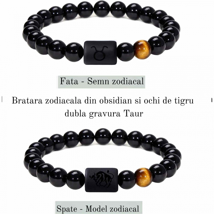 Bratara din pietre naturale 8mm Obsidian si Ochi de Tigru pentru barbati cu cele 12 constelatii - Include dubla gravura cu semn zodiacal specific [2]