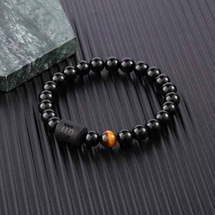 Bratara din pietre naturale 8mm Obsidian si Ochi de Tigru pentru barbati cu cele 12 constelatii - Include dubla gravura cu semn zodiacal specific [3]