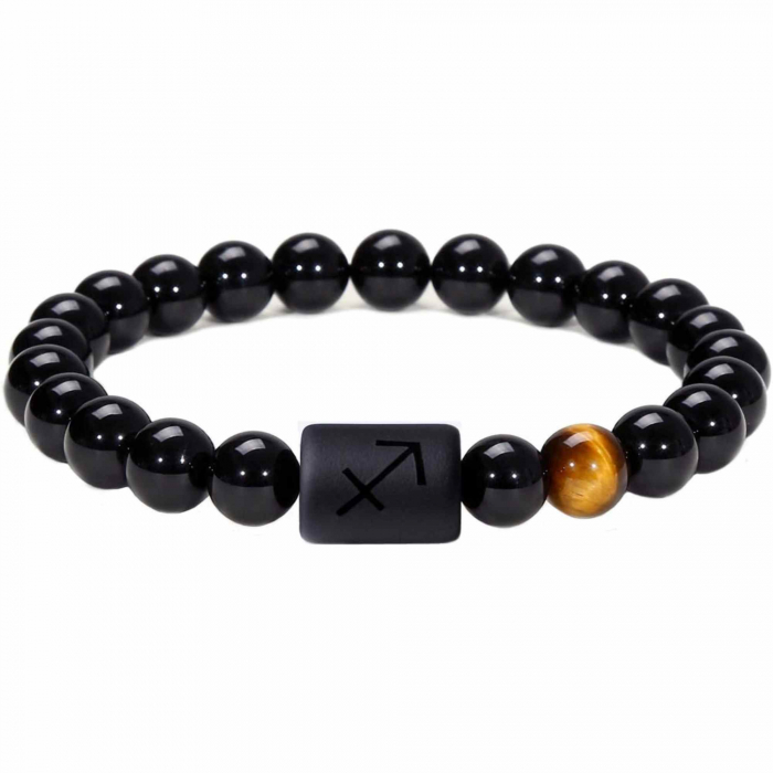 Bratara zodie Sagetator din pietre naturale 8mm Obsidian si Ochi de Tigru pentru barbati cu cele 12 constelatii - Include dubla gravura cu semn zodiacal specific