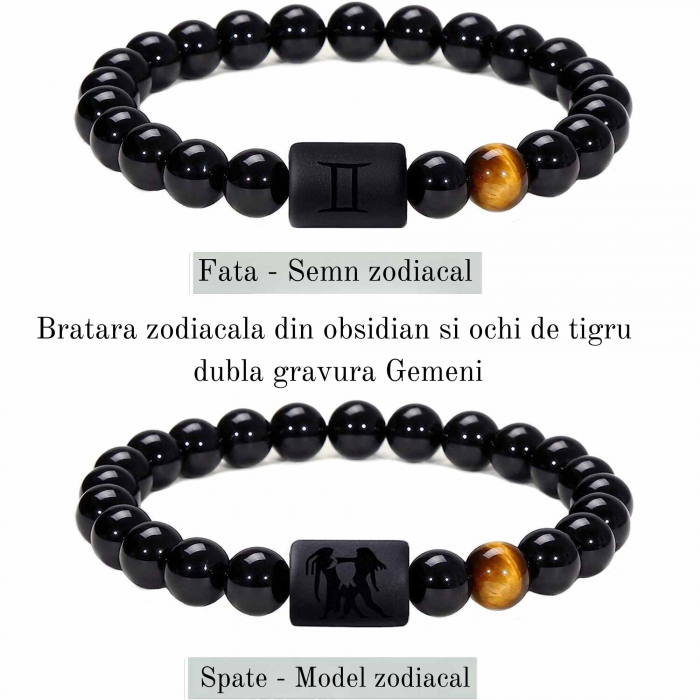 Bratara din pietre naturale 8mm Obsidian si Ochi de Tigru pentru barbati cu cele 12 constelatii - Include dubla gravura cu semn zodiacal specific [2]