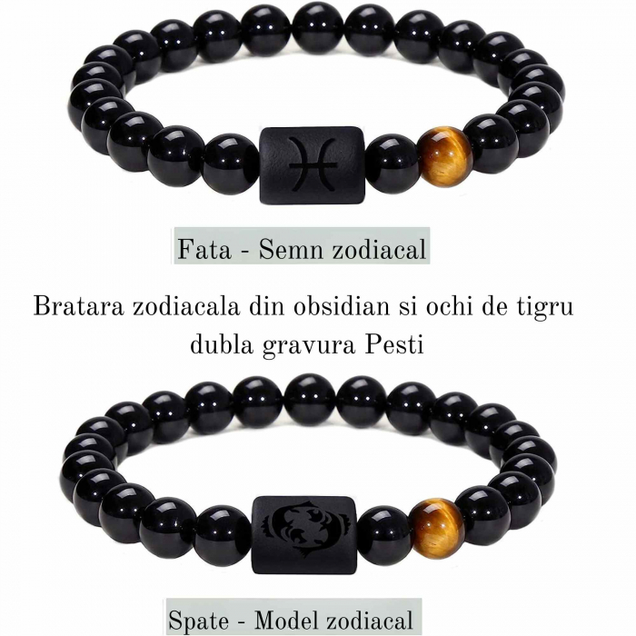 Bratara din pietre naturale 8mm Obsidian si Ochi de Tigru pentru barbati cu cele 12 constelatii - Include dubla gravura cu semn zodiacal specific [2]