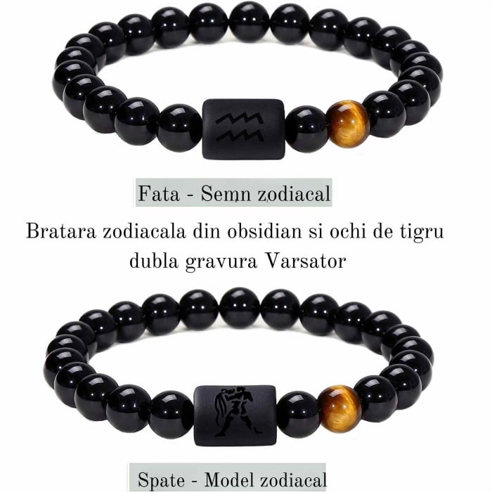 Bratara din pietre naturale 8mm Obsidian si Ochi de Tigru pentru barbati cu cele 12 constelatii - Include dubla gravura cu semn zodiacal specific [2]