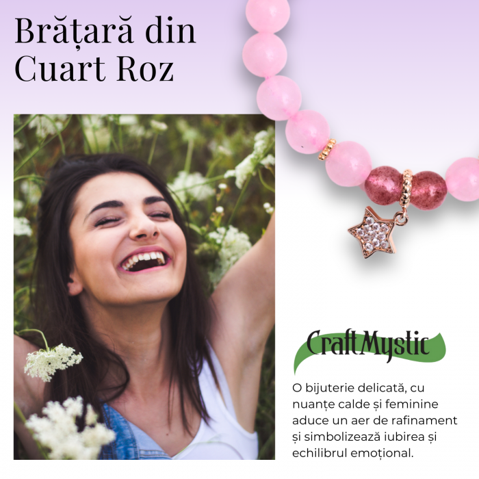 Bratara Elastica cu Margele din Cuart Roz de 8 mm, Pandantiv Sferic si Inimioara [7]