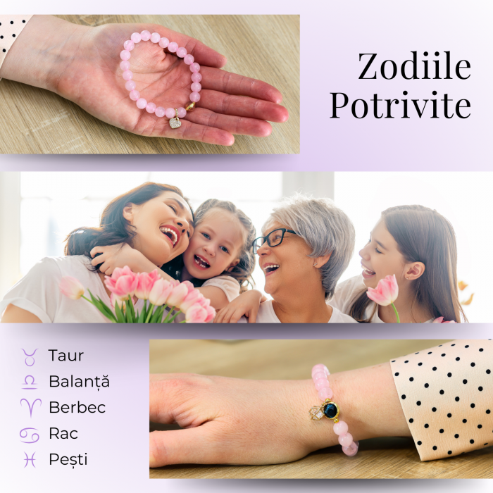 Bratara Elastica cu Margele din Cuart Roz de 8 mm, Pandantiv Sferic si Inimioara [8]