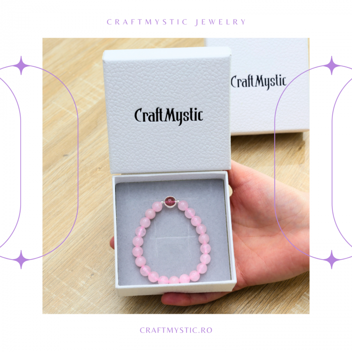 Bratara Elastica cu Margele din Cuart Roz de 8 mm, Pandantiv Sferic si Inimioara [5]