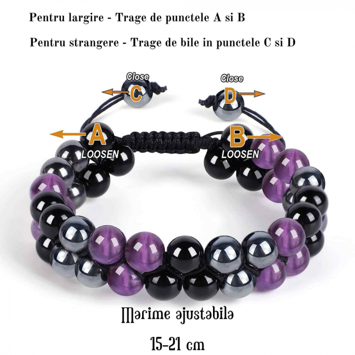 Set colier si bratara cu tripla protectie cu cristale naturale lucrata manual pentru barbati si femei - Margele de 8 mm din hematit, obsidian negru si ametist - Protectie, noroc [4]