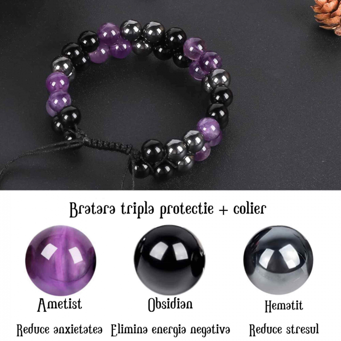 Set colier si bratara cu tripla protectie cu cristale naturale lucrata manual pentru barbati si femei - Margele de 8 mm din hematit, obsidian negru si ametist - Protectie, noroc [3]