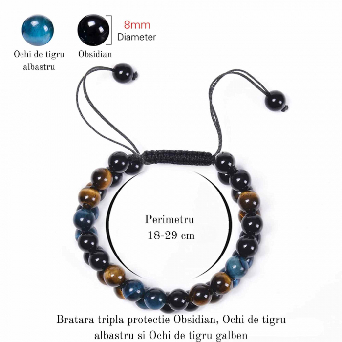 Bratara energetica cu tripla protectie, realizata din pietre semipretioase Obsidian, Ochi de tigru galben si Ochi de tigru albastru de 8 mm – bratara pentru noroc, protectie, stare de bine [3]