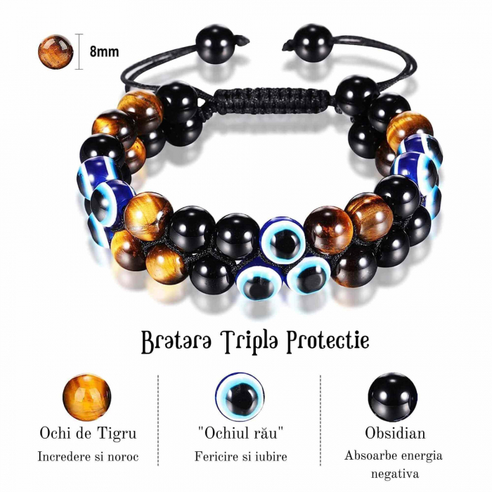 Bratara cu tripla protectie din pietre naturale 8mm Ochi de tigru natural, Obsidian negru si "Ochiul rau" - Pentru noroc si prosperitate, fericire [2]