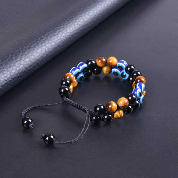Bratara cu tripla protectie din pietre naturale 8mm Ochi de tigru natural, Obsidian negru si "Ochiul rau" - Pentru noroc si prosperitate, fericire [6]