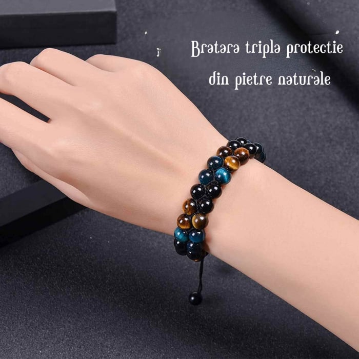 Bratara energetica cu tripla protectie, realizata din pietre semipretioase Obsidian, Ochi de tigru galben si Ochi de tigru albastru de 8 mm – bratara pentru noroc, protectie, stare de bine [4]
