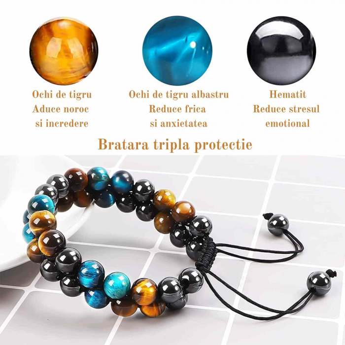 Bratara energetica cu tripla protectie, realizata din pietre semipretioase hematit, ochi de tigru galben si ochi de tigru albastru de 8 mm – bratara pentru energie, protectie, meditatie [2]