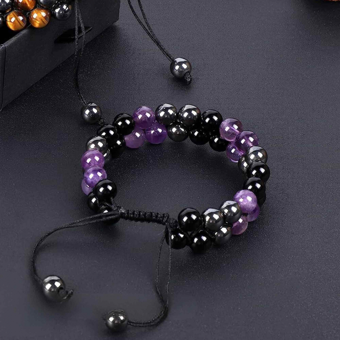 Bratara tripla protectie cu pietre semipretioase 6mm ametist, hematit si obsidian negru -  Imbunatateste carisma, norocul si fericirea [5]