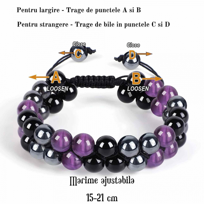 Bratara tripla protectie cu pietre semipretioase 6mm ametist, hematit si obsidian negru -  Imbunatateste carisma, norocul si fericirea [3]