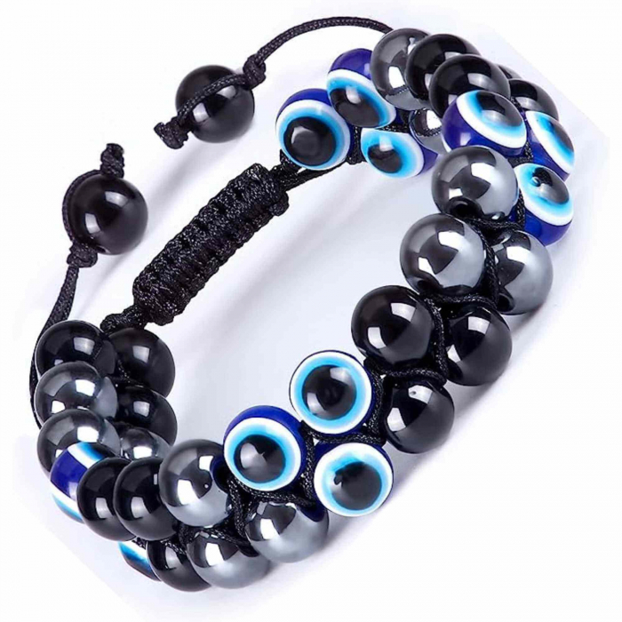 Bratara cu tripla protectie margele 8 mm cu "Ochiul rau", Obsidian negru si Hematit - Aduce noroc si bogatie [5]