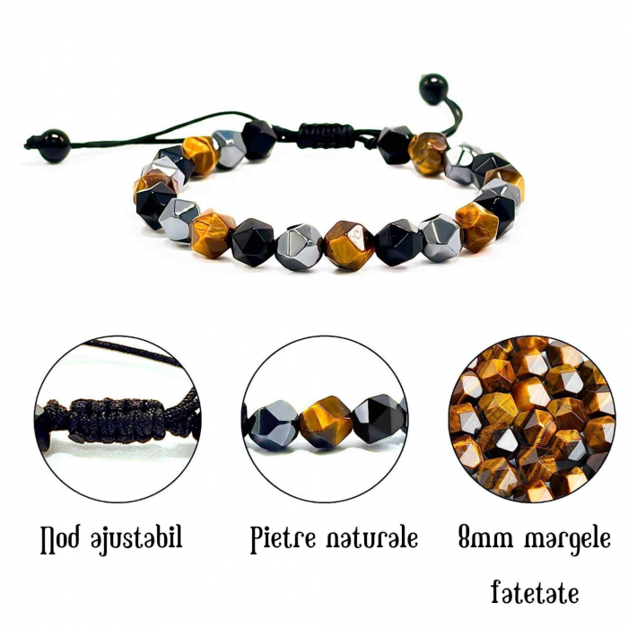 Bratara de tripla protectie lucrata manual din piatra fatetata naturala - Hematita, ochi de tigru si obsidian negru 8mm - Cadouri spirituale pentru curaj [2]