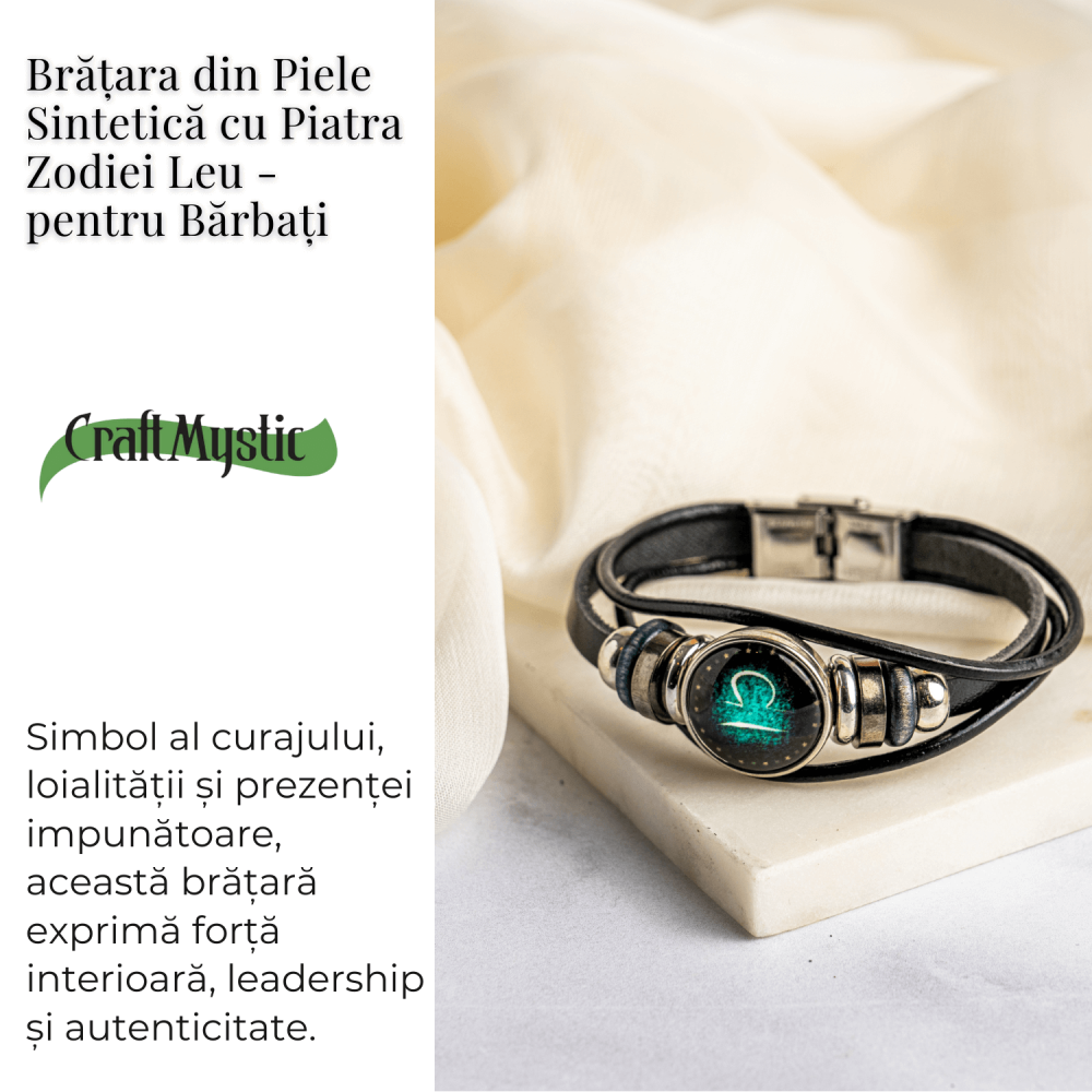 Bratara Zodiacala ajustabila din Piele Sintetica cu Cabochon Rotund – Simbol Astrologic Personalizat pentru Energie si Identitate Astrala [3]