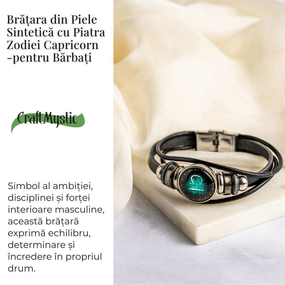 Bratara Zodiacala ajustabila din Piele Sintetica cu Cabochon Rotund – Simbol Astrologic Personalizat pentru Energie si Identitate Astrala [2]