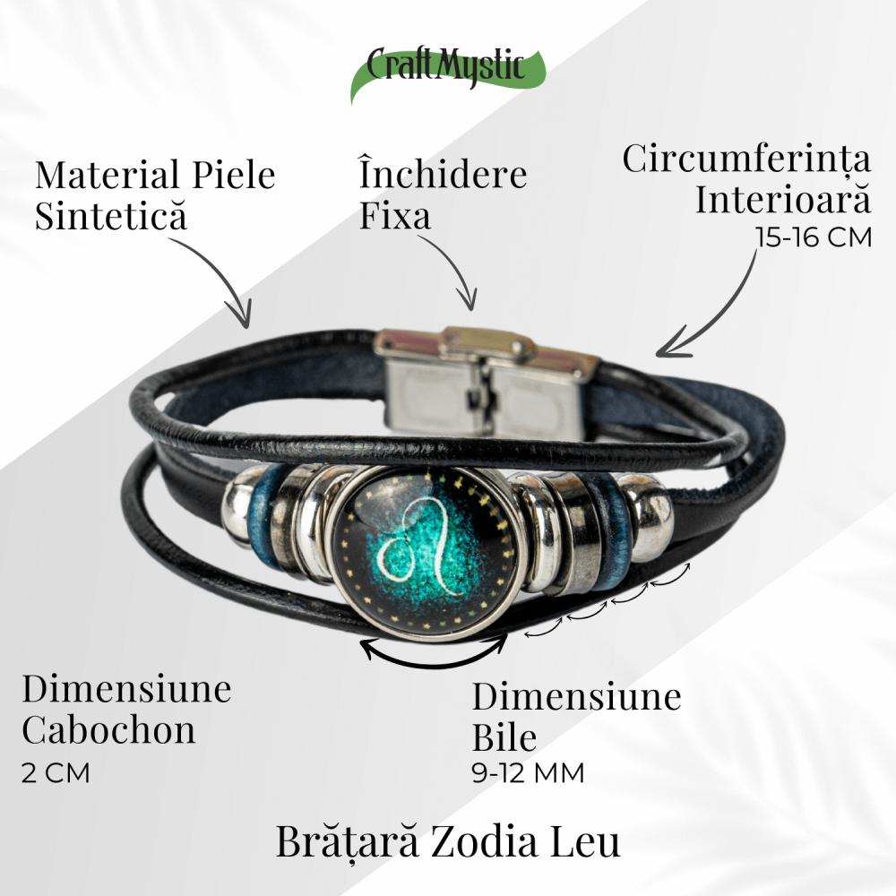 Bratara Zodiacala ajustabila din Piele Sintetica cu Cabochon Rotund – Simbol Astrologic Personalizat pentru Energie si Identitate Astrala [6]
