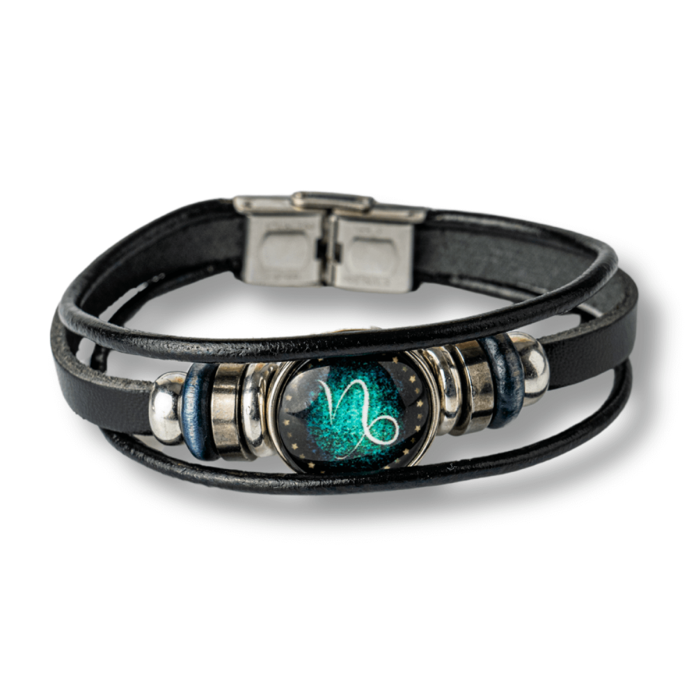 Bratara Fixa zodia Capricorn din Piele Sintetica cu Cabochon Rotund ,   Semn Zodiacal Personalizat pentru Stil si Conexiune Astrologica