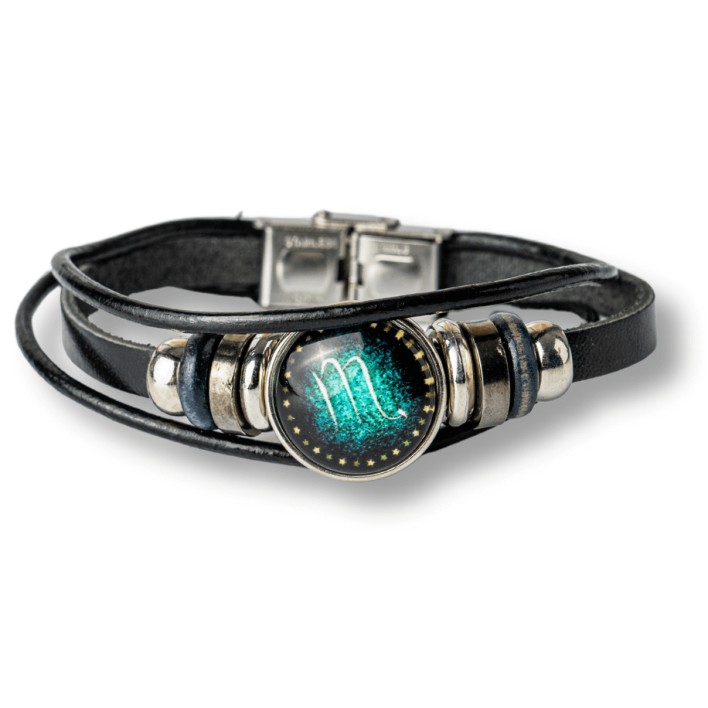 Bratara Fixa zodia Scorpion din Piele Sintetica cu Cabochon Rotund ,   Semn Zodiacal Personalizat pentru Stil si Conexiune Astrologica