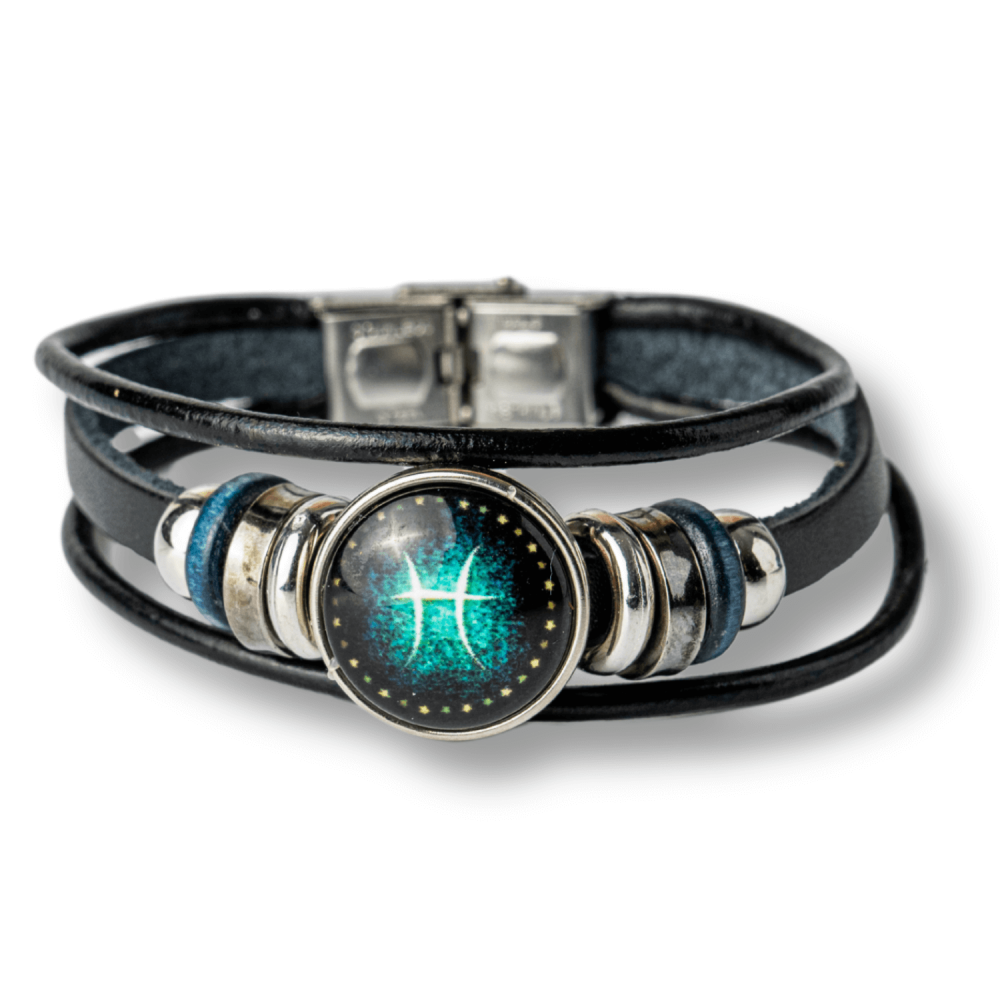 Bratara Fixa zodia Pesti din Piele Sintetica cu Cabochon Rotund ,   Semn Zodiacal Personalizat pentru Stil si Conexiune Astrologica