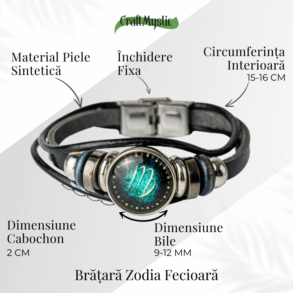 Bratara Zodiacala ajustabila din Piele Sintetica cu Cabochon Rotund – Simbol Astrologic Personalizat pentru Energie si Identitate Astrala [5]