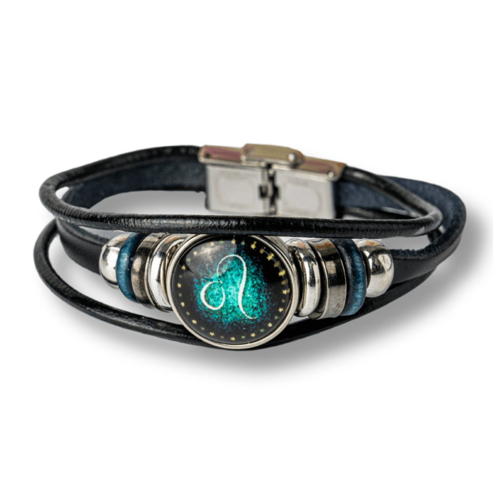 Bratara Fixa zodia Leu din Piele Sintetica cu Cabochon Rotund ,   Semn Zodiacal Personalizat pentru Stil si Conexiune Astrologica
