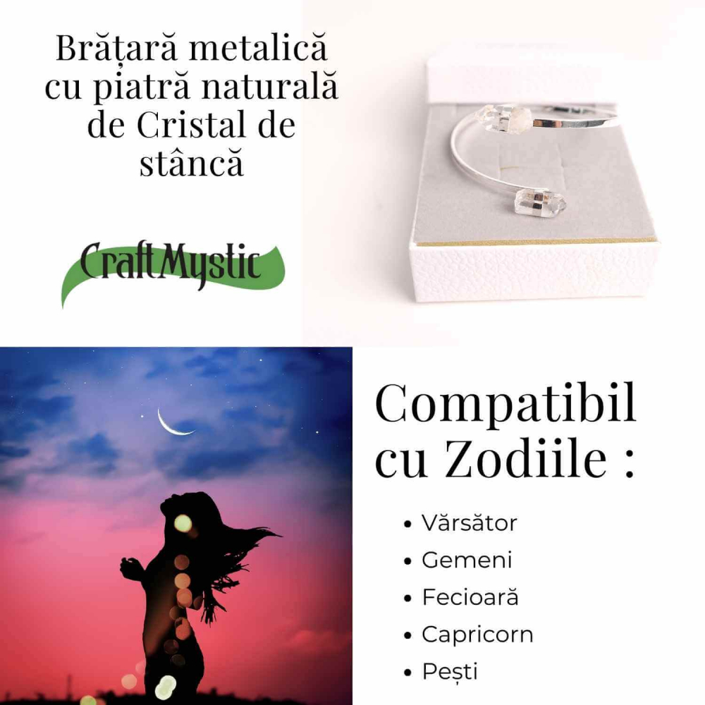 Bratara Metalica Argintie cu Dublu Cristal de Stanca, Claritate si Energie [5]
