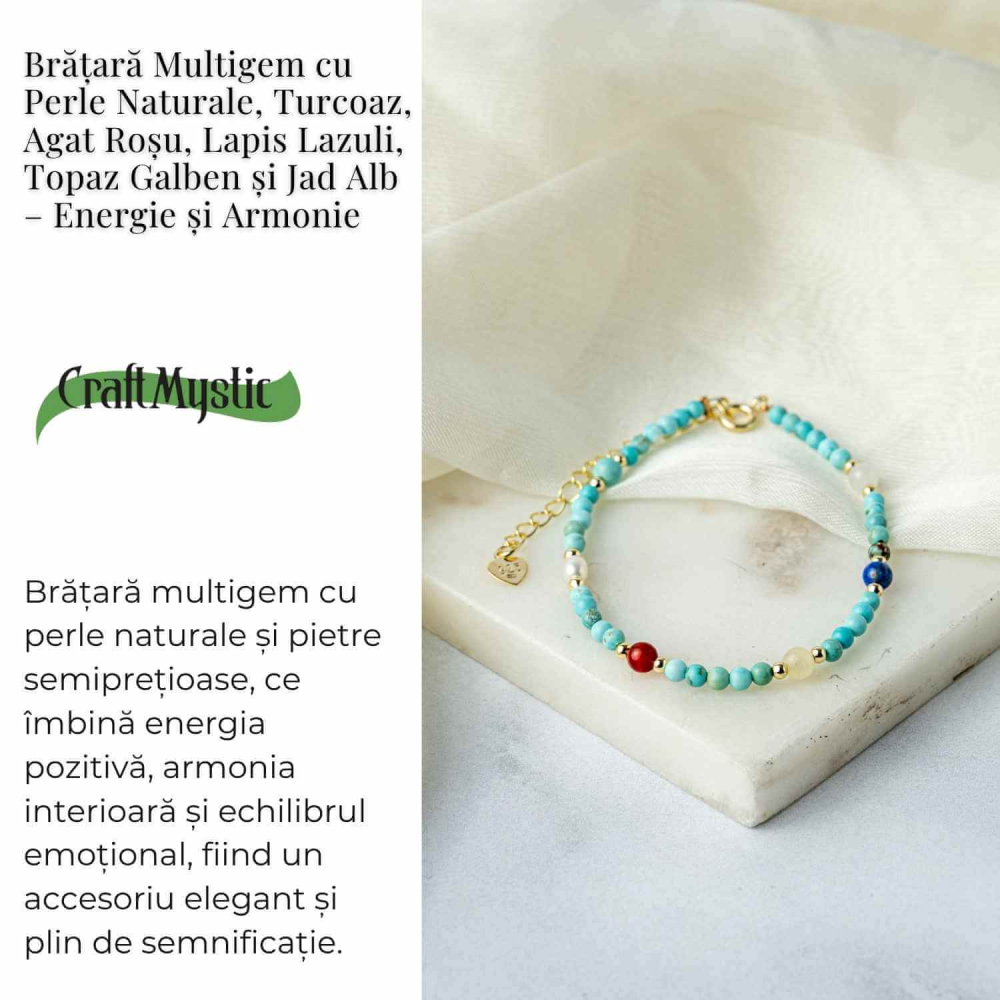Bratara Multigem – Turcoaz, Agat Rosu, Lapis Lazuli, Jad Alb, Topaz Galben si Perla Naturala – Energie Pozitiva si Armonie [3]