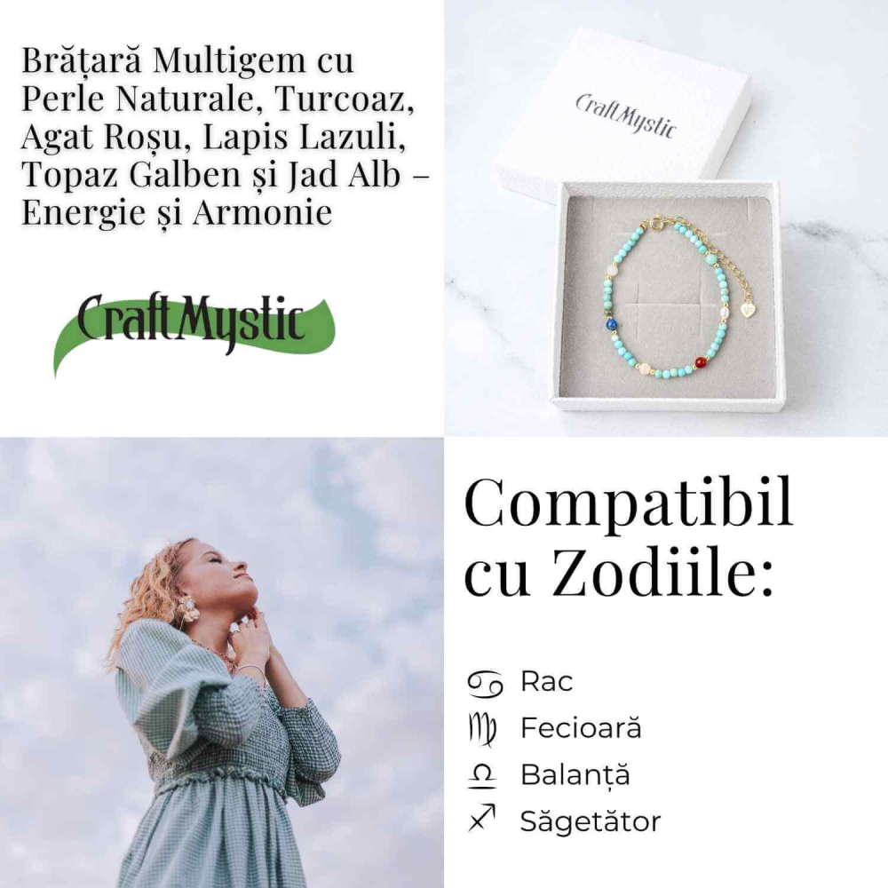 Bratara Multigem – Turcoaz, Agat Rosu, Lapis Lazuli, Jad Alb, Topaz Galben si Perla Naturala – Energie Pozitiva si Armonie [5]