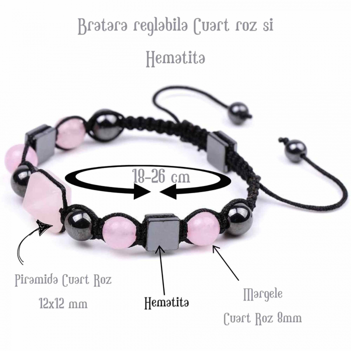 Bratara Ajustabila Impletita cu Margele din Cuart Roz si Hematit de 8mm si Forma de Piramida - Cadou Special [2]